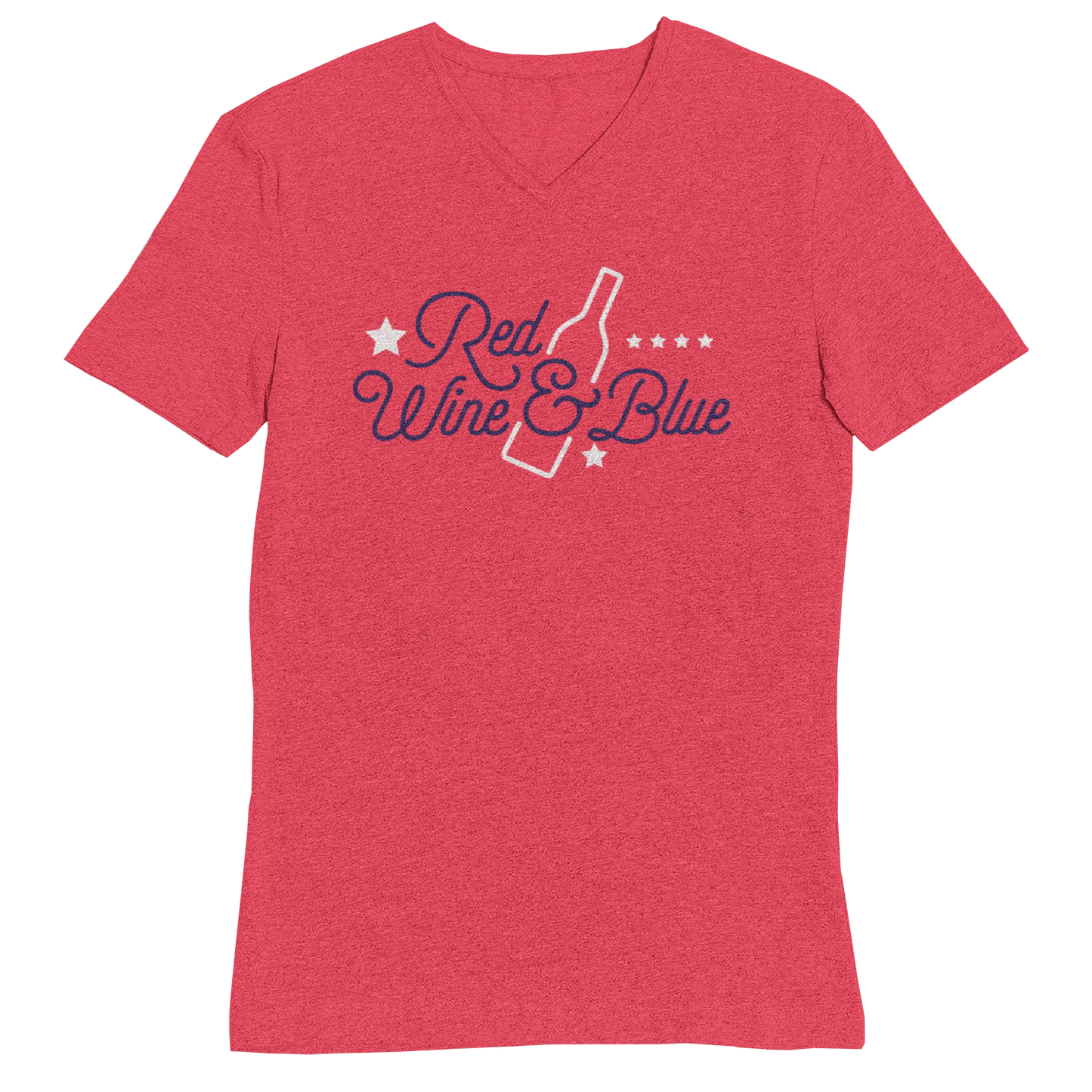 Red t-shirt with 'Red Wine & Blue' text and bottle graphic on a white background