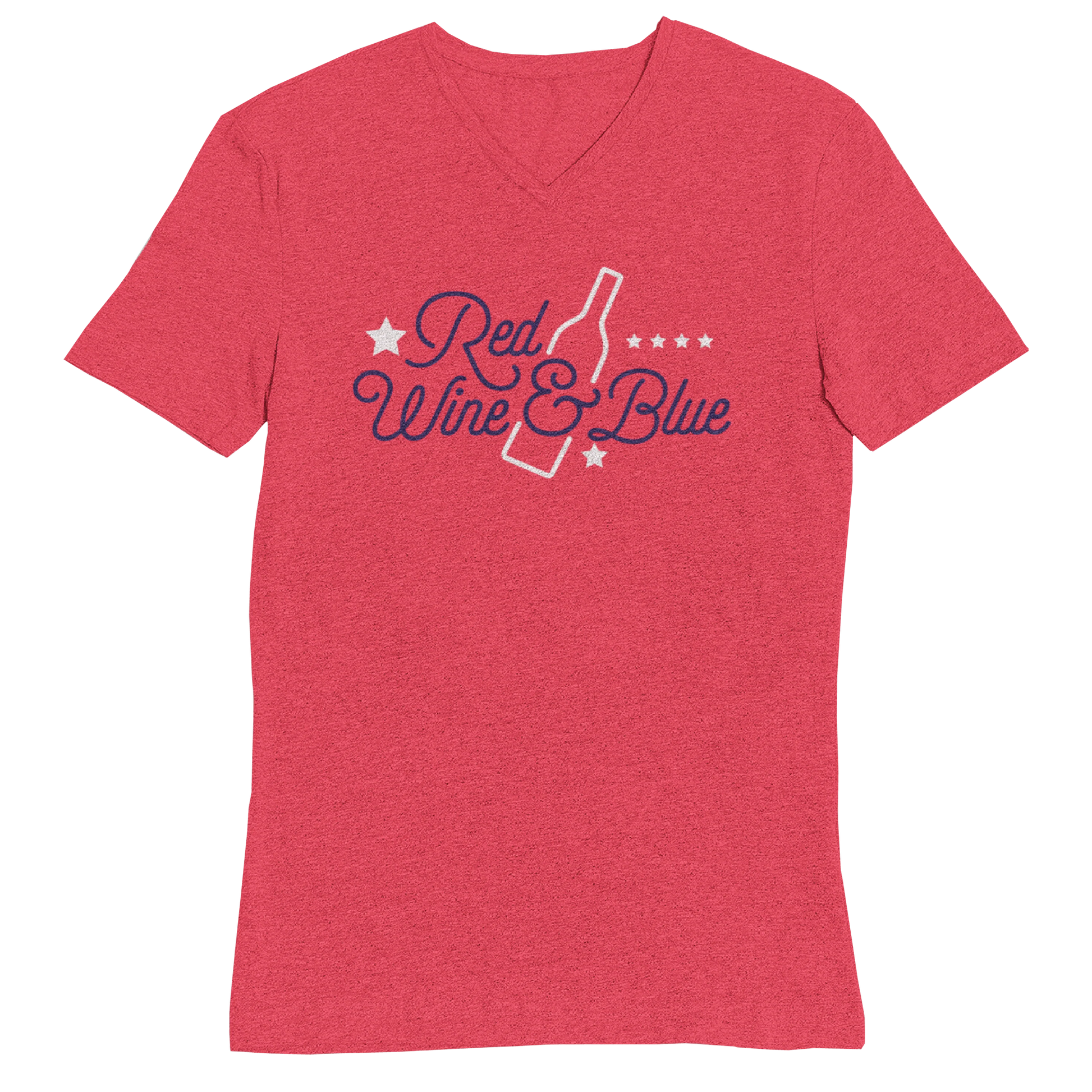 Red t-shirt with 'Red Wine & Blue' text and bottle graphic on a white background