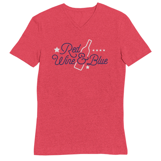 Red t-shirt with 'Red Wine & Blue' text and bottle graphic on a white background